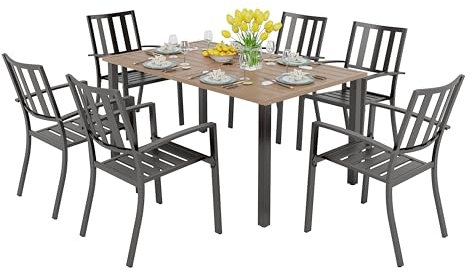 PHI VILLA Gartenmöbel Set mit Teakfarbener Gartentisch und 6 Stapelbare Stühle 152x91x73cm Metall Tisch mit 4cm Schirmloch Modern Terrasse Balkon Möbelsets Sitzgruppe