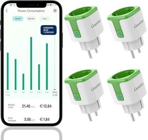GreenSun Enchufe Inteligente Wifi con Monitor de Energía con Temporizador, Compatible con Alexa, Toma de Corriente Controlada por Voz con Temporizador de Cuenta Atrás, Verde Claro 4 Piezas