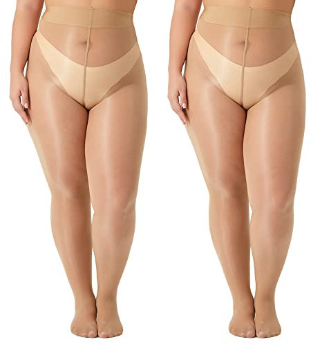 Yilanmy Damen Glänzende Strumpfhose Große Größen Sexy Öl Glanz Strumpfhosen 15 Denier Feinstrumpfhose Ultradünne-Hautfarbe*2 Paare,XL/XXL