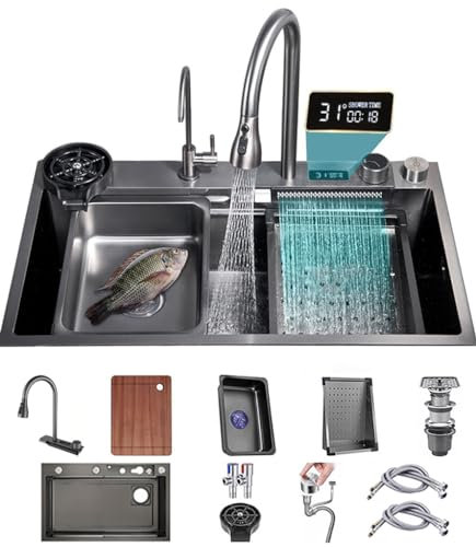 Juego de Fregadero de Cocina de Cascada de Acero Inoxidable 304 Fregadero de Cocina con estación de Trabajo nanorevestida con Pantalla Digital, Grifo extraíble para Lluvia Mosca