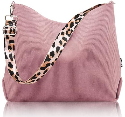 Prite Velours Côtelé Sac a Main Femmes Bandoulière Ajustable Sac Cabas Tote Bag pour École, Collège et Travail(Rose)