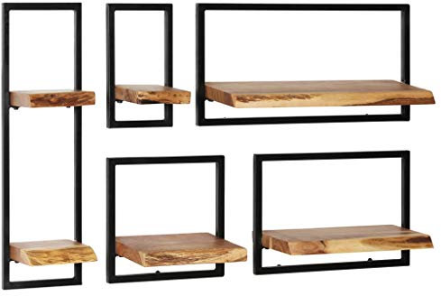 CIADAZ Wandregal-Set 5-TLG. Akazienholz Massiv und Stahl, Schweberegal, Regal Wand, Bücherregal, Hängeregal, Regalbrett, Küchenregal, Kinderzimmer Regal, Wandboard