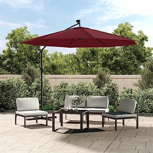 ARKEM Parasol déporté à LED et mât en Acier Rouge Bordeaux,Parasol De Jardin Exterieur,Protection UV,Parasol,