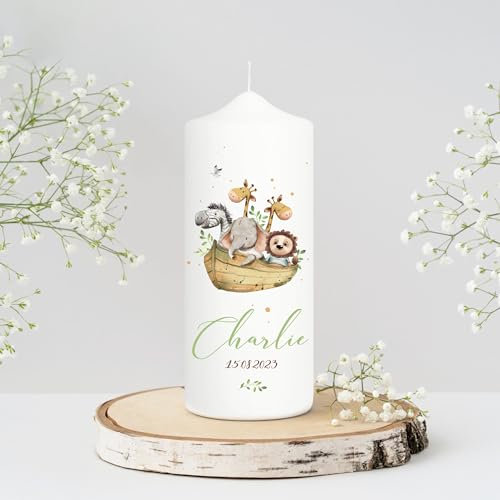 Wandtattoo Loft Taufkerze oder Kerze zur Geburt Junge Mädchen Arche Noah Tiere in einem Boot, pastell mit Namen und Datum, Patenkerze 18 x 7 cm