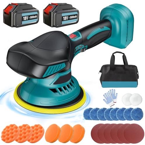 Cordless Car Buffer Polisher 6 Inch Portable Polishing Waxer Machine Kit 2500-5000 RPM 6 Variable Speeds 145mm Base for Car Detailing Polish Buffing Sanding DIY with 2PCS 3.0Ah Battery