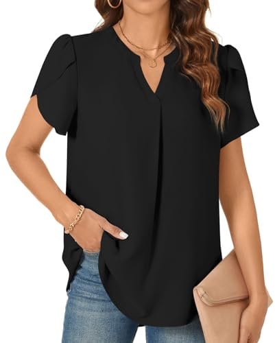 TAOHUADAO Women's Tops Summer Casual Blouse V Neck Petal Short Sleeve T-Shirts Dressy Chiffon Tunic for Leggings, Black XL