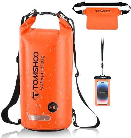 TOMSHOO Dry Bag Set, 10L/20L Wasserdicht Rucksack mit Wasserfester Handytasche & Tasche, Verstellbarer Schultergurt, Waterproof Backpack für Kajak Fahren, Wandern, Camping, mehr, 10L, Orange