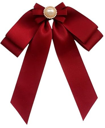 Amagogo Vorgebundene Brosche mit Schleife für Damen, mit Perlen, Fliege, Anstecknadel, Krawattennadel für Uniform, Bluse, Jahrestag, Rot