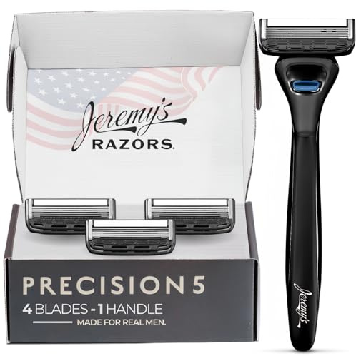 Jeremy's Razors for Men: Precision 5 Blade Razor - Stainless Blades, Lubricating Strip, Precision Trimmer - Men's Shaving Essentials Kit, Travel Shaver Face Body Head Shavers (1 Razor 4 Cartridges)
