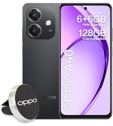 OPPO A40 Smartphone, Fotocamera AI 50MP, Selfie 5MP, Display 6.67” 90HZ LCD HD+, 5100mAh, RAM 12GB (6+6) +ROM 128GB (esp1TB), IP54, Supporto Auto [Versione Italia], Sparkle Black