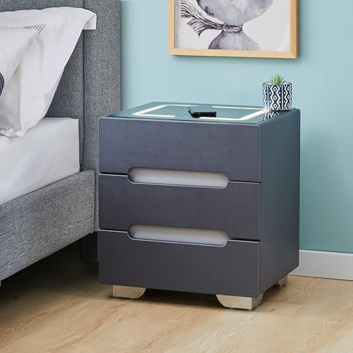 LEMROE Bedside Table, Smart Nightstand with Wireless Charging Bedside Table, High Gloss Cabinet with Drawers and Adjustable LED Light Home Bedroom Furniture (BLBL-3 Drawers)
