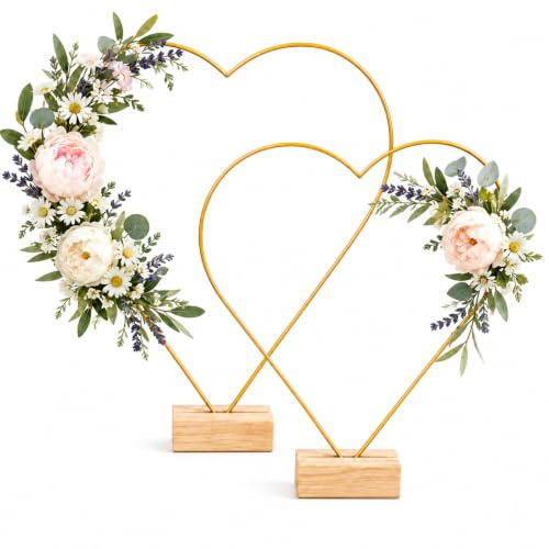 Zerodeko 2 Stück Metallringe zum Basteln Gold Metallherz mit Fuß 30cm | Tischdeko Drahtgestell mit Holzständer, 3mm Drahtkombination für Hochzeit, Blumenkranz und Valentinstag Arrangements