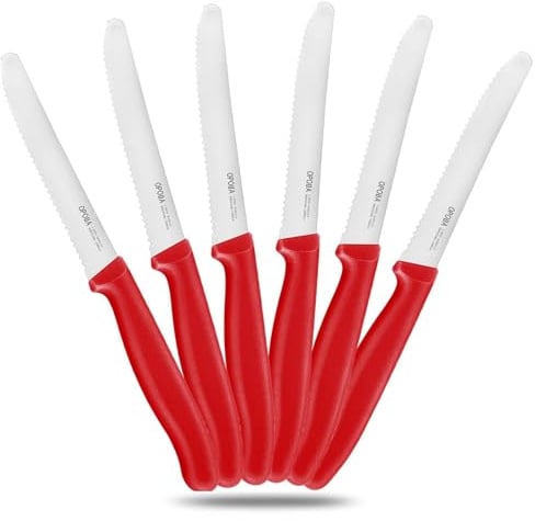 OPOLIA Jausenmesser 6 Stück,Edelstahlmesser,Wellenschliff,22cm,Rot | Frühstücksmesser,Brötchenmesser,Tafelmesser,Tomatenmesser,Scharfes Klinge,Ergonomischer PP Griff,Wellenschliff