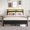 MOFLUT Double Bed Frame with Wooden Storage Headboard Shelf, 4ft6 Wooden Bed Frame Double Bed with Charging Station/USB Ports and LED Lights, Black