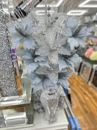 JAYOGLA Decorative Artificial Silver Grey Flowers Arrangement with Glitter Vase,- Crystal Display, Home Decor Arrangement height 50cms approx, (Vase 30cms Height)