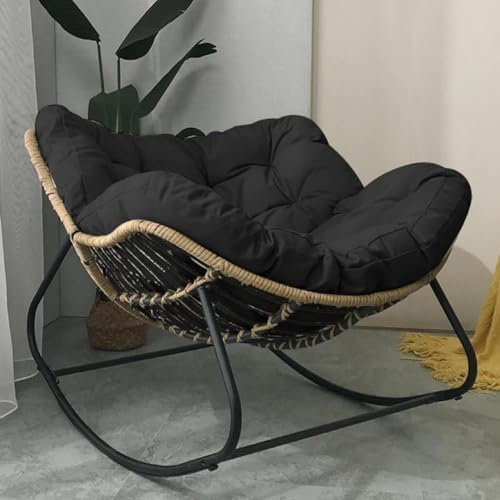 Patio Rocking Outdoor Papasan with Cushion Padded Indoor Oversized Rattan Wicker Lounge Chair Egg Rocking Rocker Metal Frame Large Supports Modern Chair (Black)
