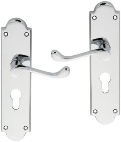 IRONZONE Victorian Shaped Scroll Lever on Euro Profile Backplate - Polished Chrome Hinges & Latch Pack Backplate Door Handles, Contemporary Design for Internal Wooden or Oak Doors