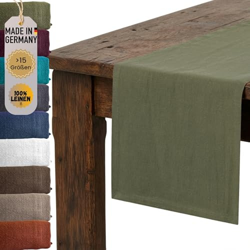 chambry Premium Tischläufer 100% Leinen Stonewashed - Handarbeit Made in Germany - natürliche und hochwertige Tischdekoration aus Naturmaterial - Khaki 30cm x 160cm