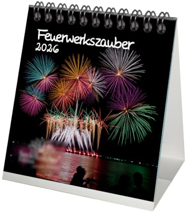 Feuerwerkszauber Tischkalender 10cm x 10cm für 2026 Feuerwerk - Geschenkset Inhalt: 1x Kalender 1x Weihnachtsanhänger 1x Grußanhänger (gesamt 3 Teile)
