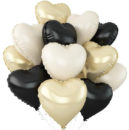 Black White Gold Heart Balloons,12Pcs 18Inch Black Cream White Champagne Gold Heart Shaped Foil Helium Balloons for Baby Shower Birthday Anniversary Wedding Engagement Party Decorations