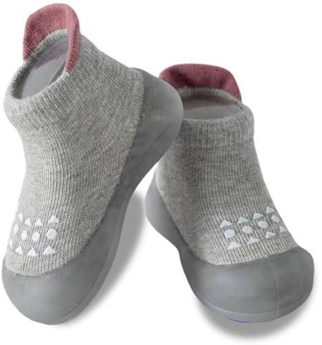 Hstyle Baby Sock Shoes Toddler Walking Shoes Infant Non-Slip Slippers Soft Rubber Sole Sneakers for Baby Boys Girls 12-18 Months Grey