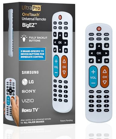 UltraPro BigEZ OneTouch Big Button Universal TV Remote for Seniors, Easy to Use, Replacement Remote for Samsung, LG, Sony, Vizio, Roku TV, Streaming Players, Backlit Buttons, 2 Device, White, 85053