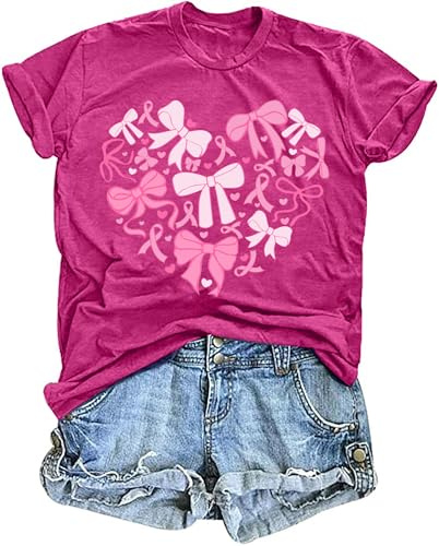 tiorhooe Octobre Rose T-Shirt Ruban Rose T Shirt Femme Cancer du Sein Tee Shirt