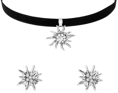 YCICHE Trachtenschmuck Damen Set, Edelweiss Kette, Strass Ohrstecker Edelweiß, Dirndl Halskette Ohrringe, Trachten Samt Kropfband, Dirndl Schmuck Accessoires, für Oktoberfest Bayerisch Dirndlschmuck