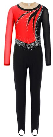 Sinleey Mädchen Gymnastikanzug Sportgymnastik Body Ballett Tanz Langärmelig Strass Outfit Eiskunstlauf Show Unitard
