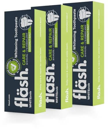 fläsh Kokos-Salz: Whitening Zahnpasta | Tägliche Pflege für weiße Zähne | 17% Hydroxylapatit | 30% Xylitol | 75ml | 3er Pack