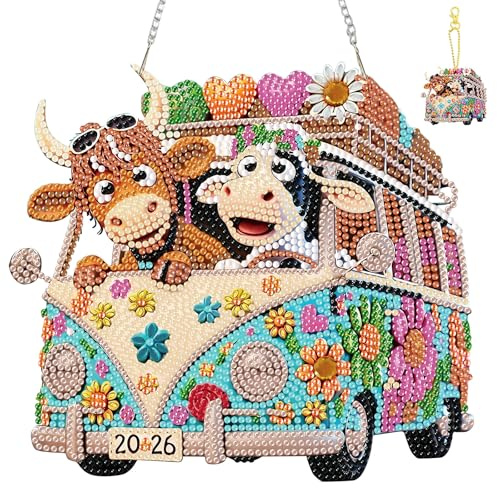 Jawecci Kuh Diamond Painting Anhänger mit Schlüsselanhänger, Bus Diamant Painting Fensterbilder Beidseitig für Erwachsene, Hängend Ornament Tür Fenster Wand Eingang