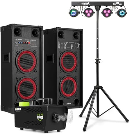 Fenton SPK-208 Bluetooth Party Speaker Set with MAX PartyBar1 Disco Lights and Fuzzix Smoke Machine - Complete Home DJ Party System 800W