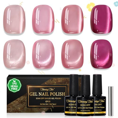 Shining She UV Nagellack Magnet Cat Eye, 4 Farben HEMA-Free TPO-Free Cat Eye uv gel Jelly Glas Kristalle Rosa Serie Soak-Off UV Gel Nagellack Set für Maniküre Salon DIY zu Hause, 8ML