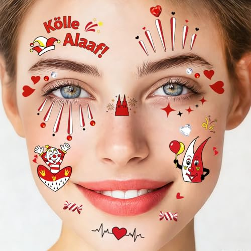 4 Blatt Gesichtstattoo Karneval Köln & 2 Glitzer Gesicht Aufkleber, Fasching Kostüm Klebetattoos Kölle Alaaf Rot Weiss Herz Glitzersteine Tattoos, Karnevalskostüm Damen Herren Schminke Accessoires