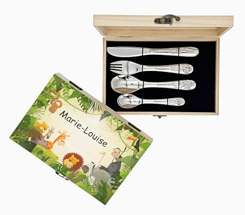 Cubiertos personalizados para niños con grabado - 5 piezas - con nombre - tema selva - con incluido CACHITO GRATIS para mochila - regalo para bautizo, cumpleaños - caja de madera opcional