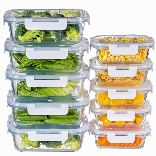 MFY Set of 10 Glass Containers with Lids, Glass Meal Prep Containers Set, Airtight Storage Jars for Lunch, Microwave, Oven, Freezer and Dishwasher Safe, White