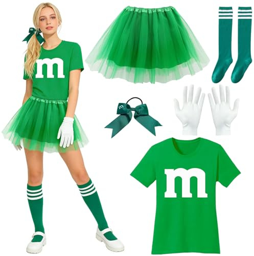 YeahBoom M und M Kostüm Damen,Faschingskostüme Damen GruppenKostüm,M T-Shirt mit Tutu Handschuhe Streifensocken und Haarschleife,M Aufdruck Tshirt Faschingskostüme,für Fasching Mottoparty Festival
