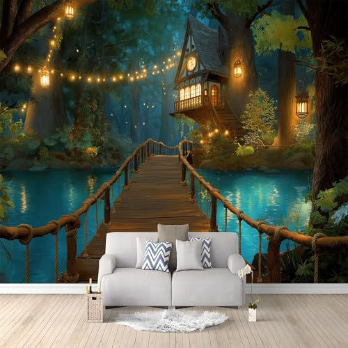 Fototapete Fantasie Holzbrücke Haus Bäume - 200 x 140 cm Tapete Vliesstoff 3D Effekt Tapetes Wandbild Wohnzimmer Schlafzimme Wandtapete Kinderzimmer Wanddekoration Fototapete, Farbe