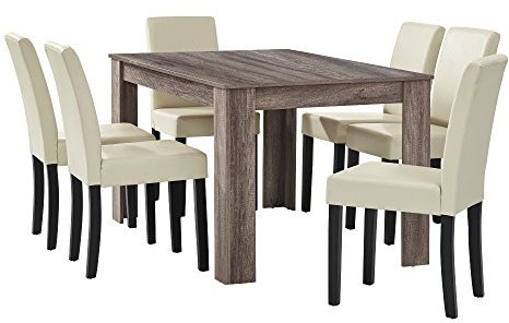 [en.casa] Esstisch Eiche antik mit 6 Stühlen Creme Kunstleder gepolstert 140x90 Essgruppe Esszimmer