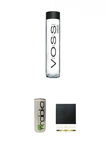 Voss Artesian SPARKLING Gletscher Wasser in Glasflasche 0,8 Liter + Moloko Softdrink 0,25 Liter + Schiefer Glasuntersetzer eckig ca. 9,5 cm Durchmesser