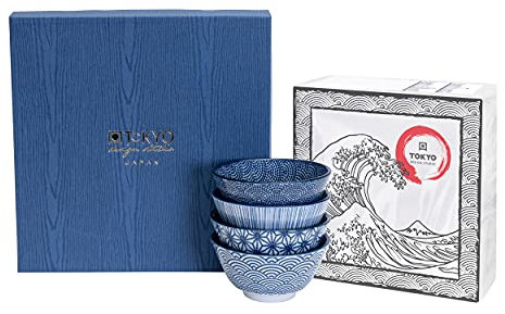 TOKYO design studio Nippon Blue 4-er Schalen-Set blau-weiß, Ø 12 cm, ca. 300 ml, asiatisches Porzellan, Japanisches Design mit geometrischen Mustern, inkl. Geschenk-Verpackung