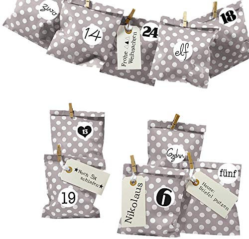 Frau WUNDERVoll® DIY Adventskalender zum Befüllen Bescherung: Set Punkt 155, Papiertueten flach 13x16,5cm, Taupe Punkt, Ziffern schwarz-weiß