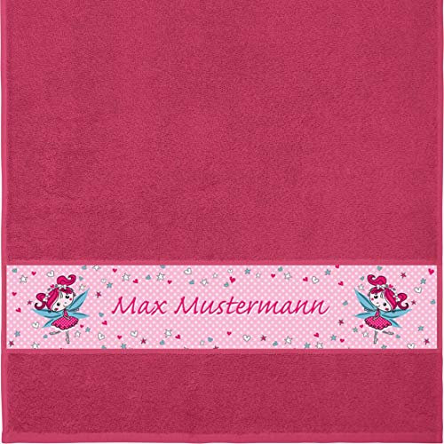 Manutextur Handtuch mit Namen - Motiv Kinder - Fee - viele Farben & Motive - personalisiert - Fuchsia - Größe 50x100 cm - persönliches Geschenk
