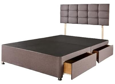 Grey Linen Divan Double Bed Frame – Elegant Divan Bed Base with 20'' Cubic Headboard & 2 Storage Drawers | Bed Frame Double Bed Set