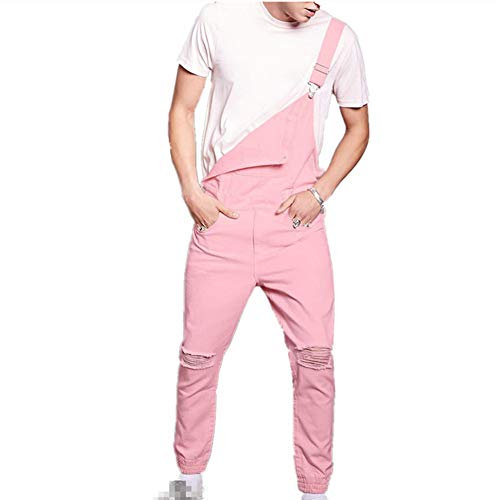 FANSU Salopette da Uomo con Jeans, Tuta di Jeans Strappati Moda Lavaggio Rotto Tasca Pantaloni Reggicalze Pantaloni Casual da Elasticizzato (M,Rosa)