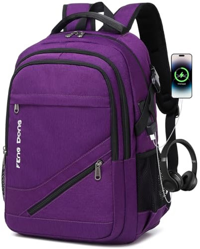 FENGDONG Durable Waterproof Travel Large Laptop Backpack 17.3 inch,College Backpack Bookbag for Men & Women Business Backpack with USB Charging Port and Headset Port Purple