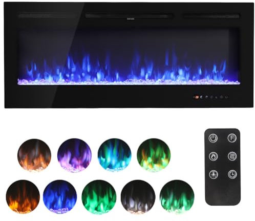 FIDOOVIVIA Electric Fireplace, 50Electrical Fire Recessed and Wall Mounted, Media Wall Fireplace with 9 Flame Colour Effect & Remote Control, 2 Heat 900W & 1800W, Overheat Protection, Log Set&Crystal