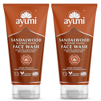 Ayumi Sandalwood Dry Skin Face Wash | Hydrating Wash for Dry & Sensitive Skin | Aromatic Natural Facewash with Ylang Ylang Essential Oil & Jojoba | Face Wash Women & Men | 2x150ml