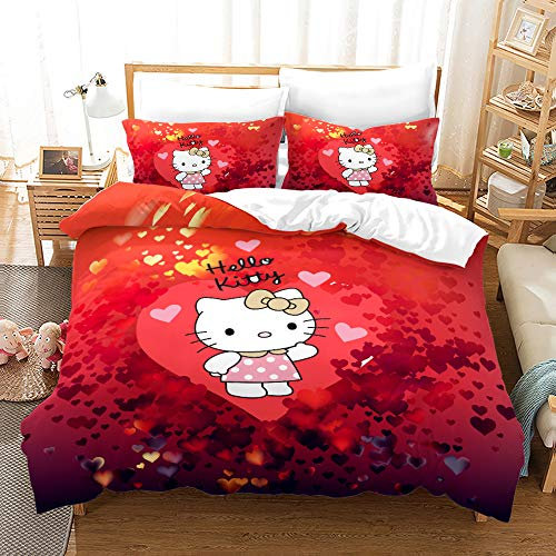 NICHIYOBI Hello Kitty Bettbezug Bettwäsche Set - Bettbezug und Kissenbezug,Mikrofaser,3D Digital Print dreiteiliger Bettwäsche (7,140 * 210cm+80 * 80cm)