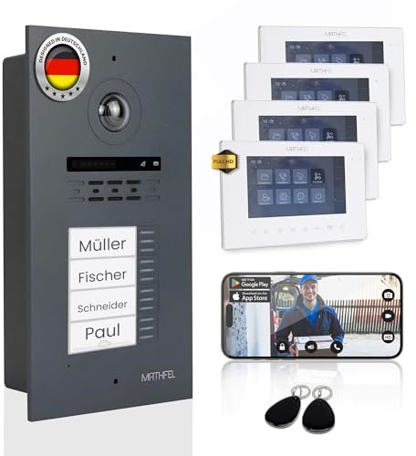 Mathfel 2 Draht Bus Technik 4 Familienhaus Video Türsprechanlage Gegensprechanlage Fischaugenkamera 170 Grad, 4x7'' Monitor mit WLAN, Aufputz Montage
